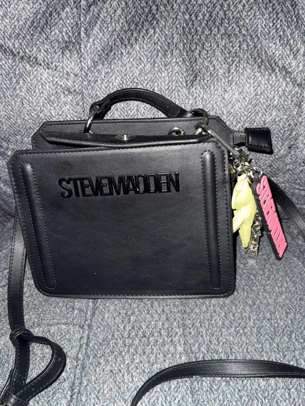 Steve Madden Black Crossbody Box Bag with Charm Accents